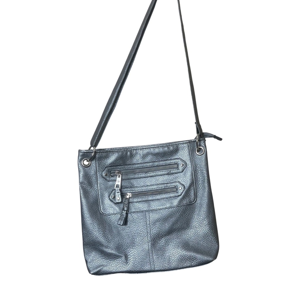 Rosetti Silver‎ Metallic Crossbody Bag Double Zip Front Faux Pebbled Leather Y2K